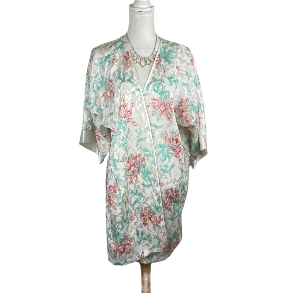 Vintage 80s Ivory Based Pastel Pink Teal Silver Floral Print Satin Wrap Robe